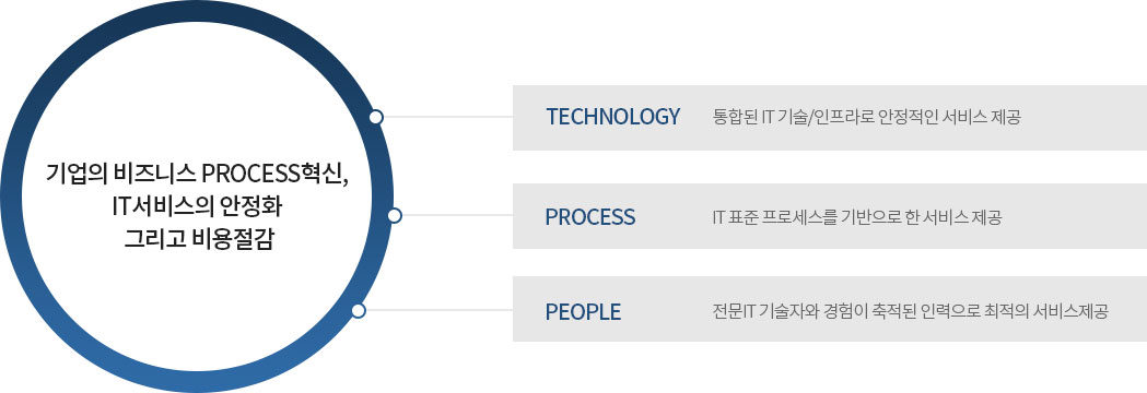 기업의 비즈니스 PROCESS혁신, IT서비스의 안정화 그리고 비용절감, TECHNOLOGY, 통합된 IT 기술/인프라로 안정적인 서비스 제공, PROCESS, IT 표준 프로세스를 기반으로 한 서비스 제공, PEOPLE, 전문IT 기술자와 경험이 축적된 인력으로 최적의 서비스제공